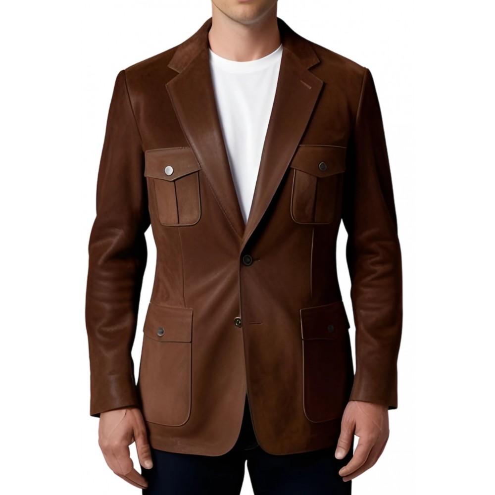 Veste blazer cuir homme agneau velours façon daim marron modèle Stylabe