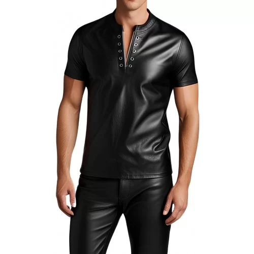 Tee shirt en cuir d'agneau stretch noir modèle Young