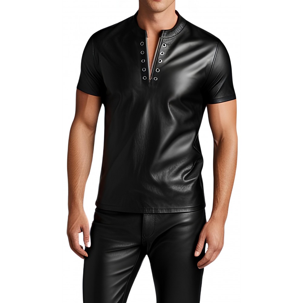 Tee shirt en cuir d'agneau stretch  noir modèle Young