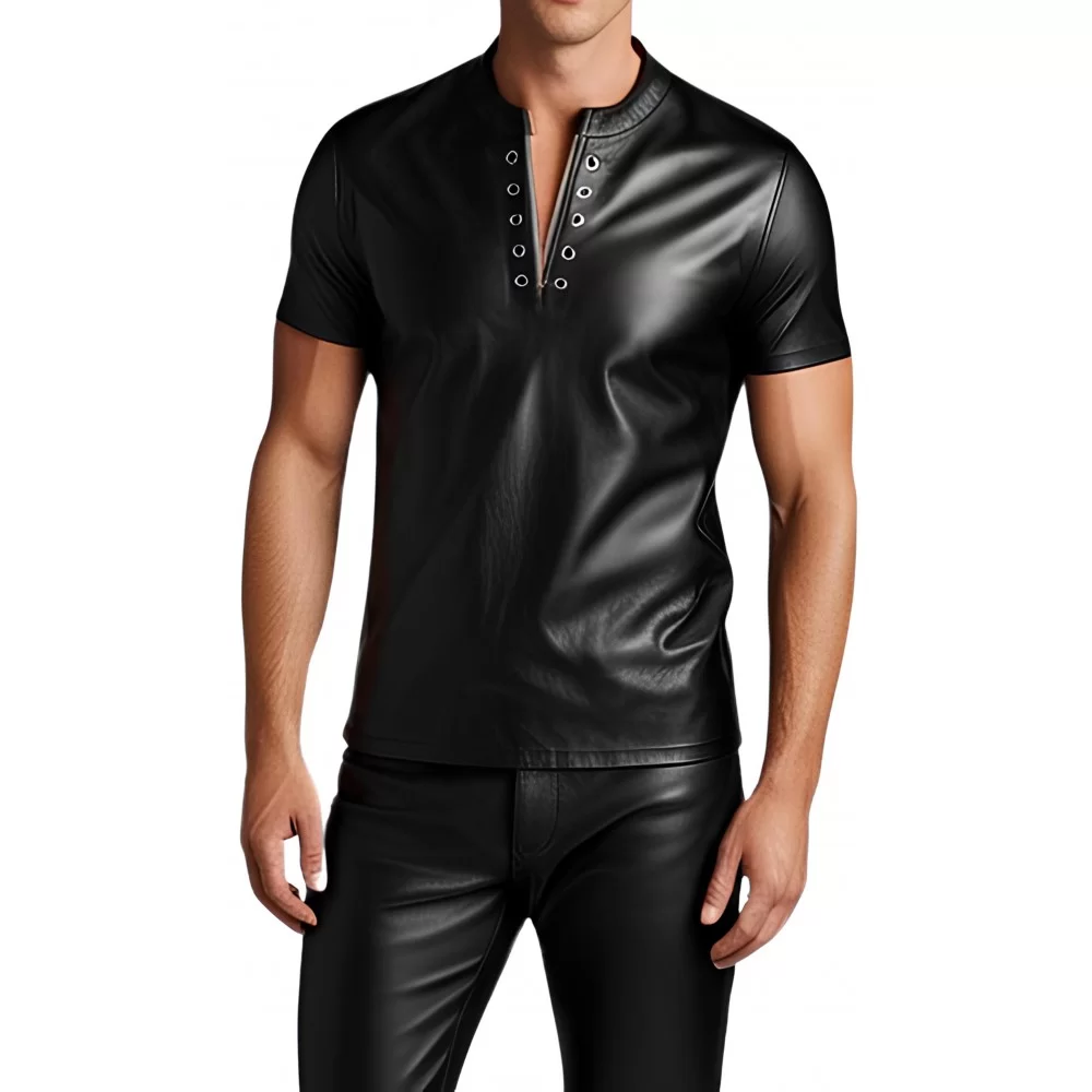 Tee shirt en cuir d'agneau stretch noir modèle Young