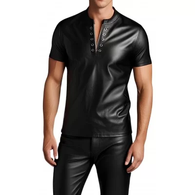 Tee shirt en cuir d'agneau stretch noir modèle Young