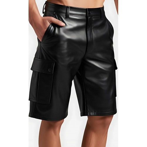 Short cargo cuir homme en agneau noir modèle Carlos