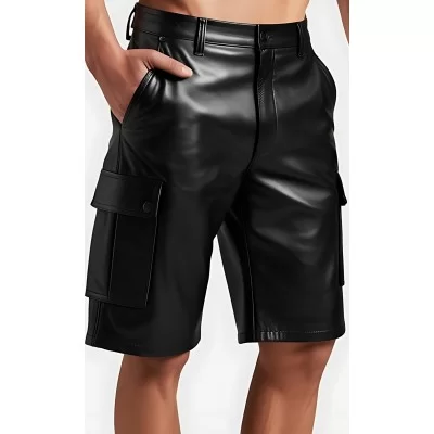 Short cargo cuir homme en agneau noir modèle Carlos