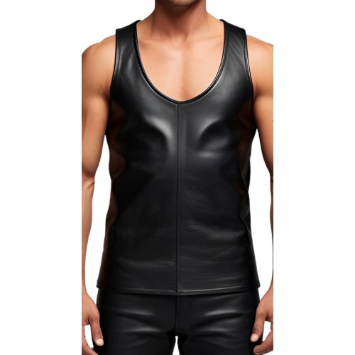 Débardeur tee shirt homme en cuir d'agneau noir modèle Zilaze