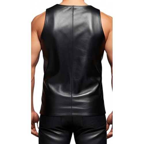 Débardeur tee shirt homme en cuir d'agneau noir modèle Zilaze
