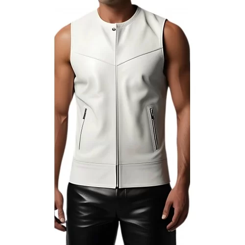 Tee shirt en cuir d'agneau blanc avec zip modèle Isaro
