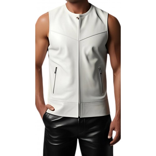 Tee shirt en cuir d'agneau blanc avec zip modèle Isaro