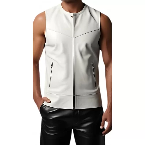Tee shirt en cuir d'agneau blanc avec zip modèle Isaro