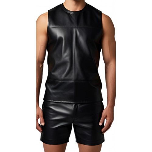 Tee shirt homme sans manches en cuir d'agneau noir modèle Danilore