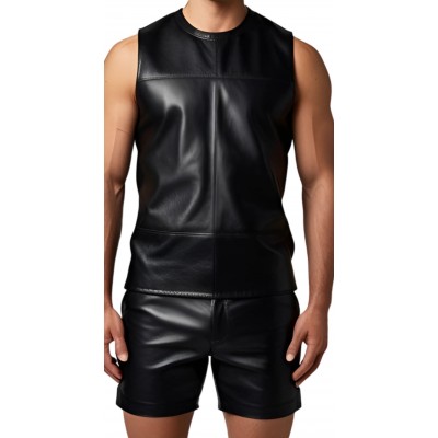 Tee shirt homme sans manches en cuir d'agneau noir modèle Danilore