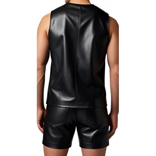 Tee shirt homme sans manches en cuir d'agneau noir modèle Danilore