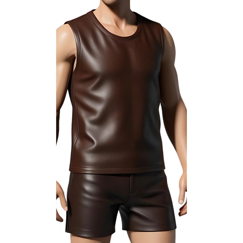 Tee shirt sans manches homme en cuir d'agneau marron modèle Arina