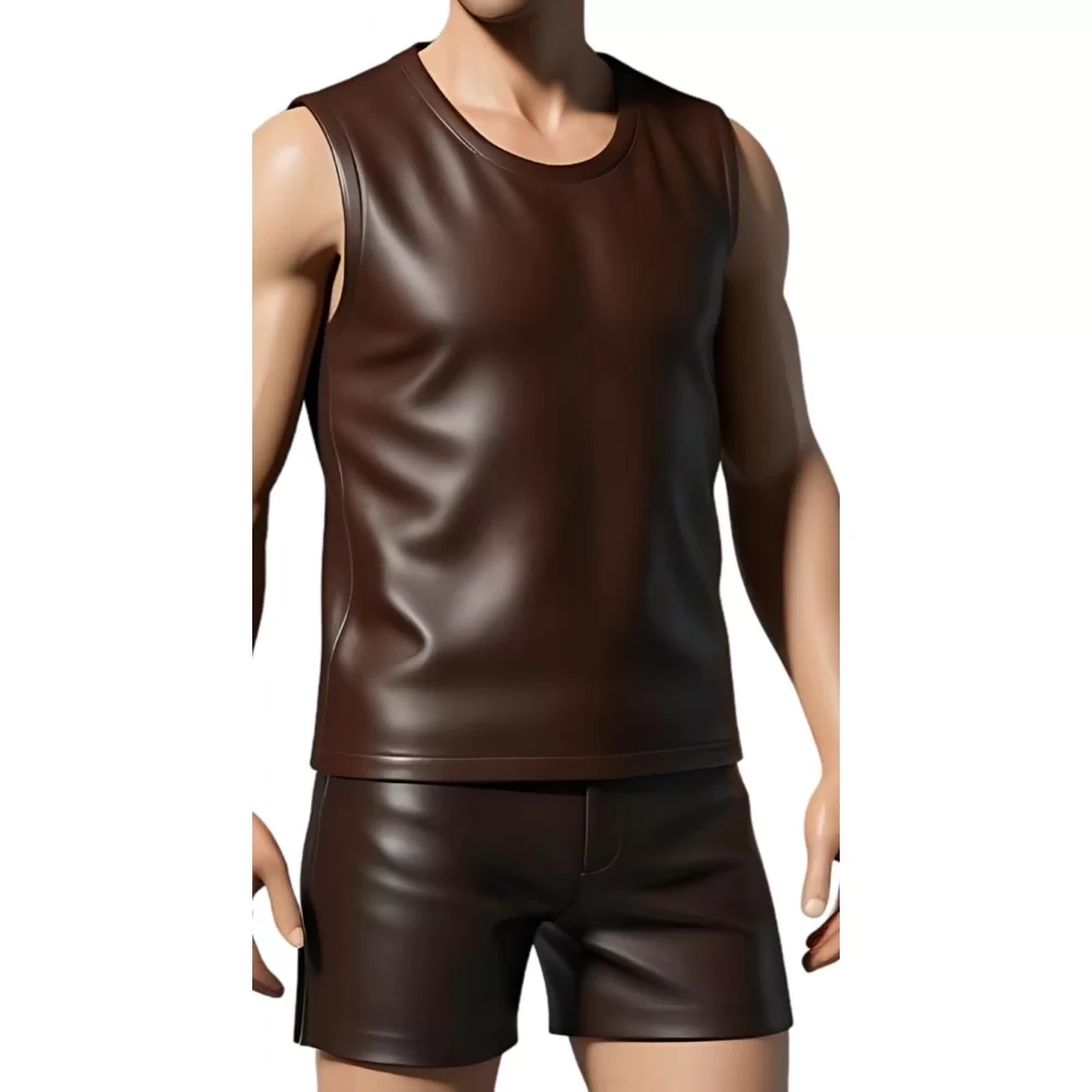 Tee shirt sans manches homme en cuir d'agneau marron modèle Arina