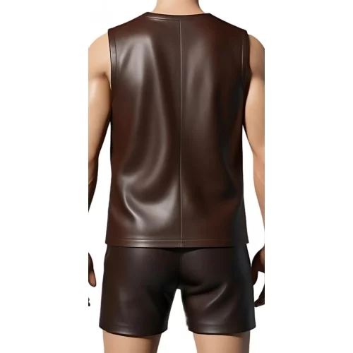 Tee shirt sans manches homme en cuir d'agneau marron modèle Arina