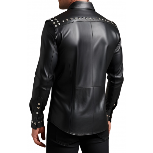 Chemise homme agneau cuir stretch noir avec rivets métal modèle Quirile