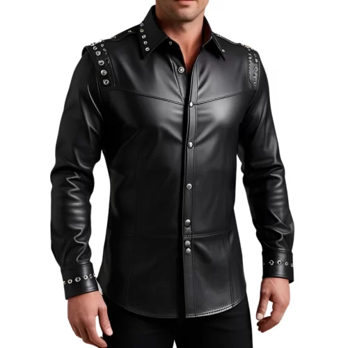 Chemise homme agneau cuir stretch noir avec rivets métal modèle Quirile