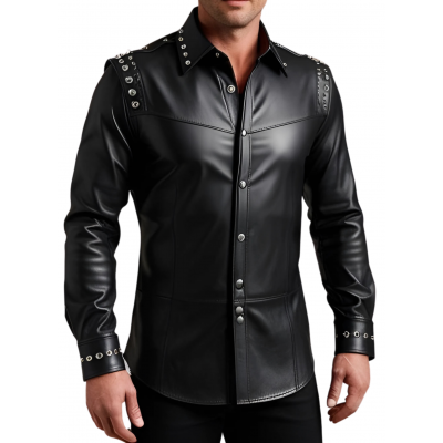 Chemise homme agneau cuir stretch noir avec rivets métal modèle Quirile