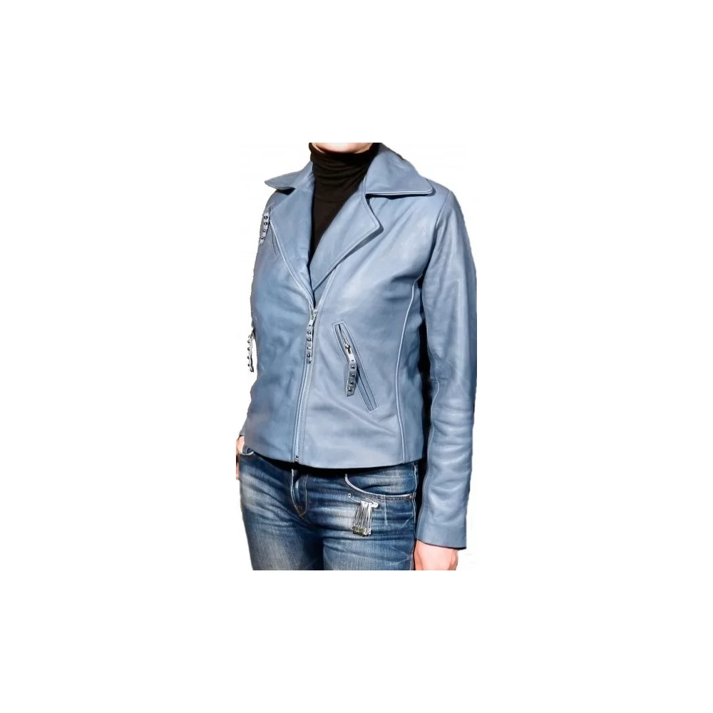 Blouson cuir perfecto en vachette sauvge bleu gris modèle Ophelie