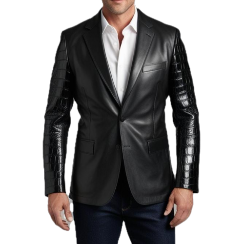 Veste blazer en cuir d'agneau plongé noir et manches en peau de crocodile véritable modèle Drimanu