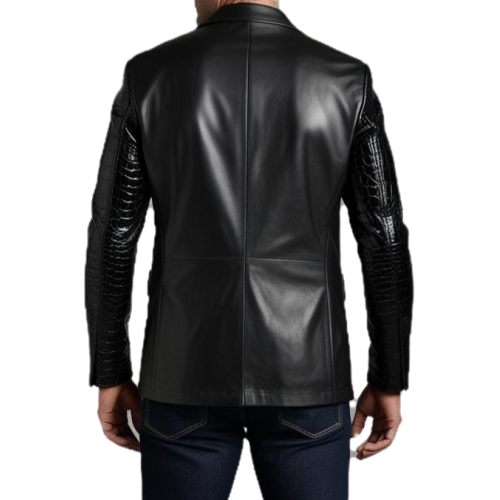 Veste blazer en cuir d'agneau plongé noir et manches en peau de crocodile véritable modèle Drimanu