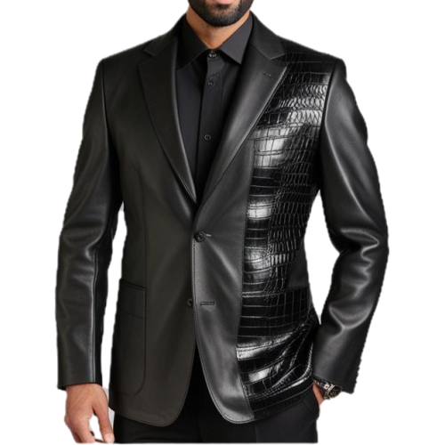 Veste blazer en cuir d'agneau plongé noir et avant en peau de crocodile véritable modèle Armando