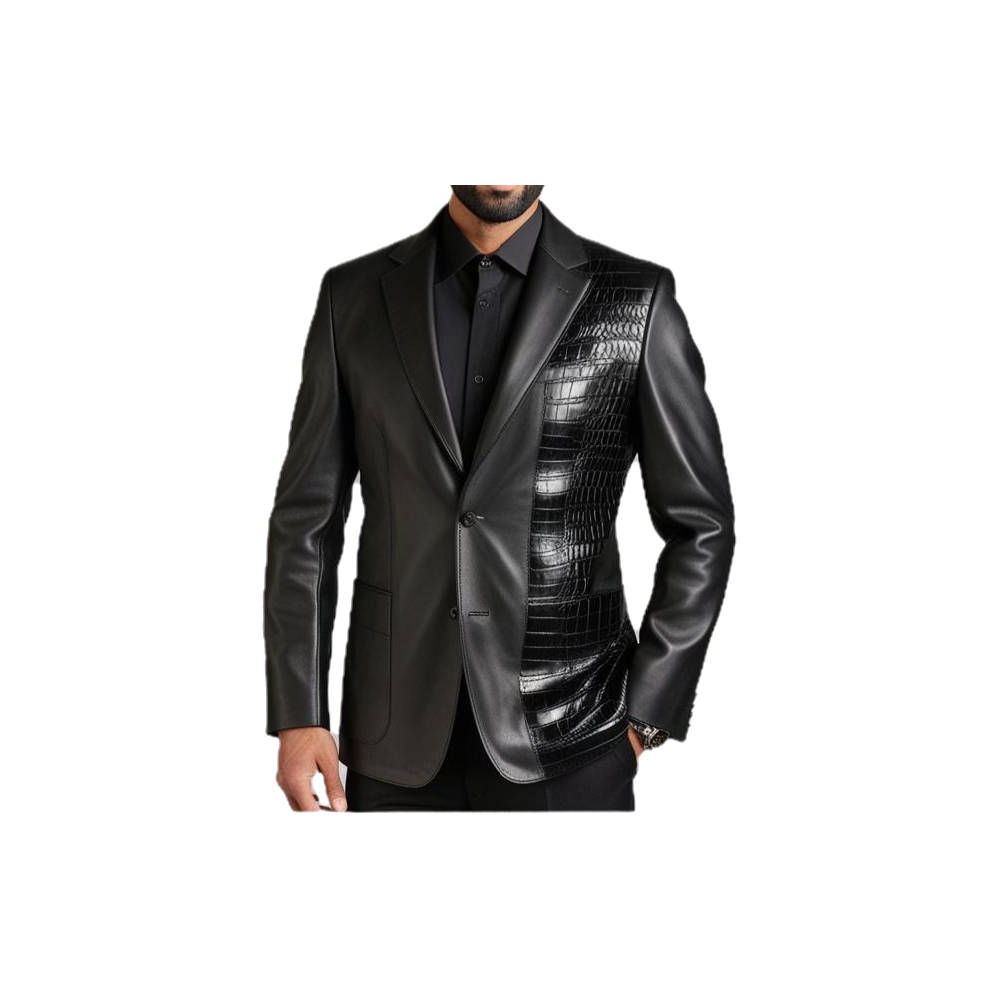 Veste blazer en cuir d'agneau plongé noir et avant en peau de crocodile véritable modèle Armando