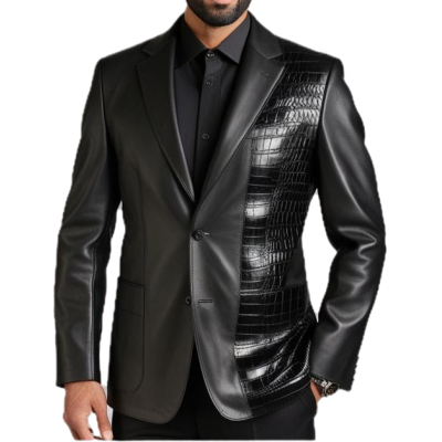 Veste blazer en cuir d'agneau plongé noir et avant en peau de crocodile véritable modèle Armando