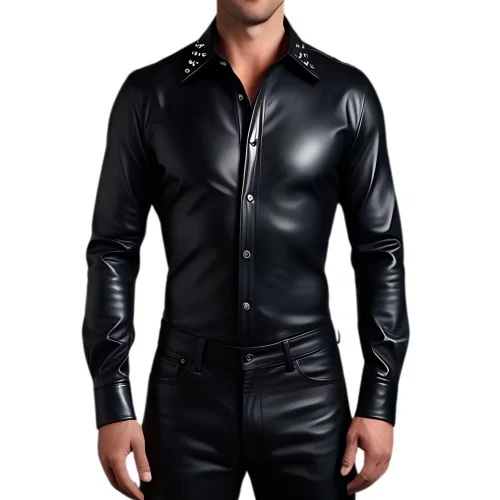 Chemise homme agneau cuir stretch noir avec rivets métal modèle Bernado