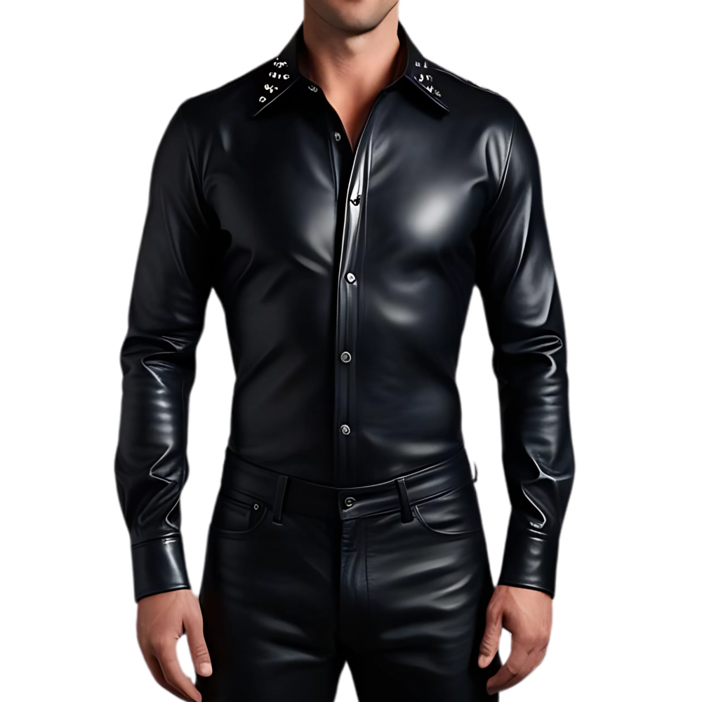 Chemise homme agneau cuir stretch noir avec rivets métal modèle Bernado