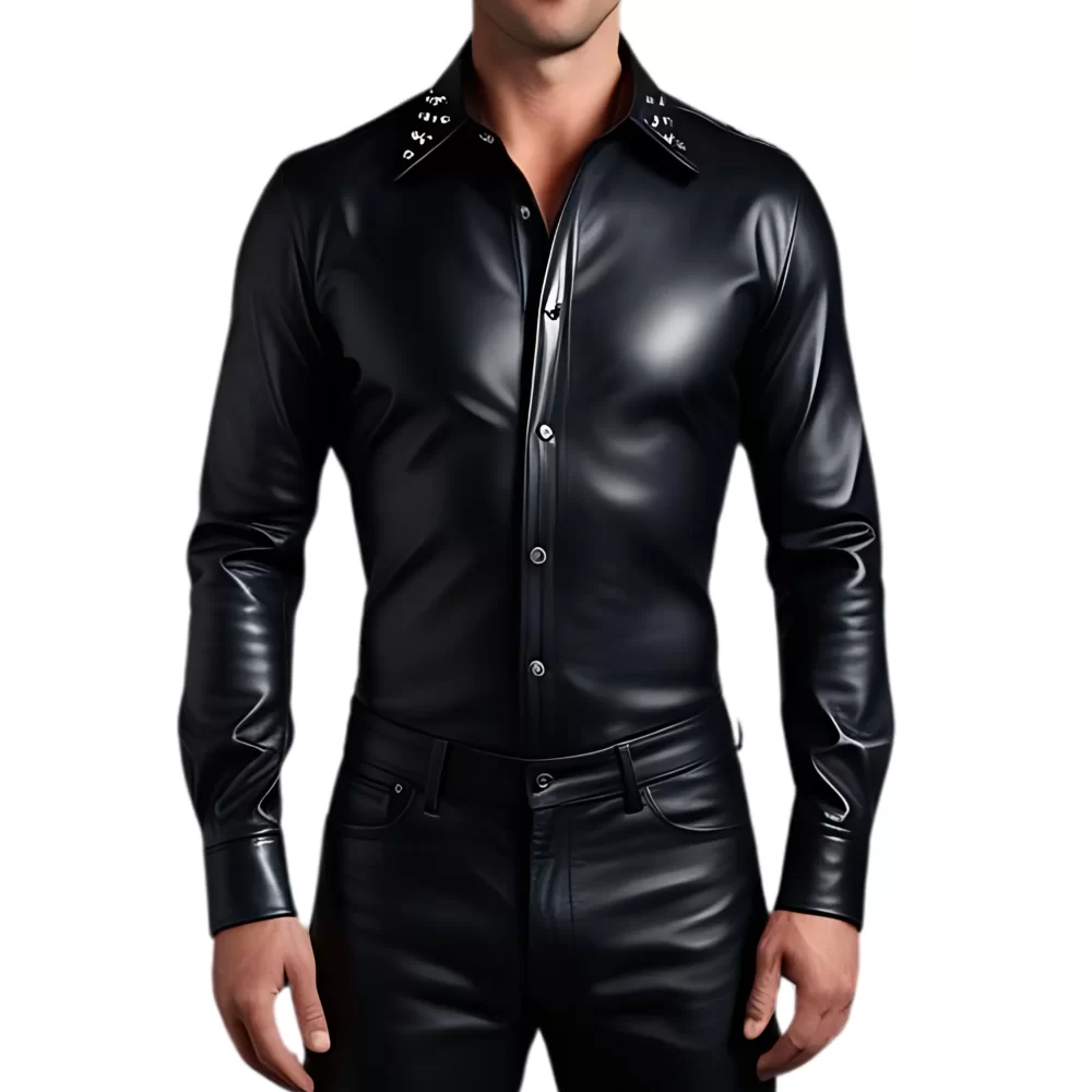Chemise homme agneau cuir stretch noir avec rivets métal modèle Bernado