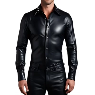 Chemise homme agneau cuir stretch noir avec rivets métal modèle Bernado