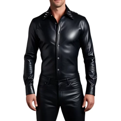 Chemise homme agneau cuir stretch noir avec rivets métal modèle Bernado
