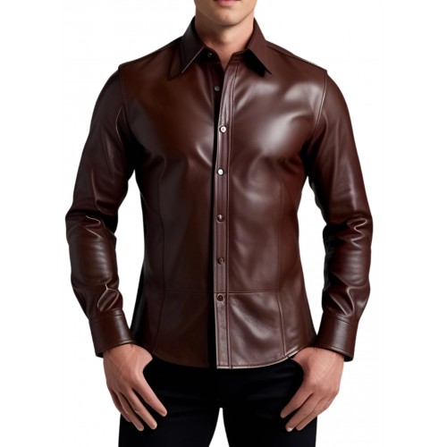 Chemise homme agneau cuir stretch marron modèle Felix