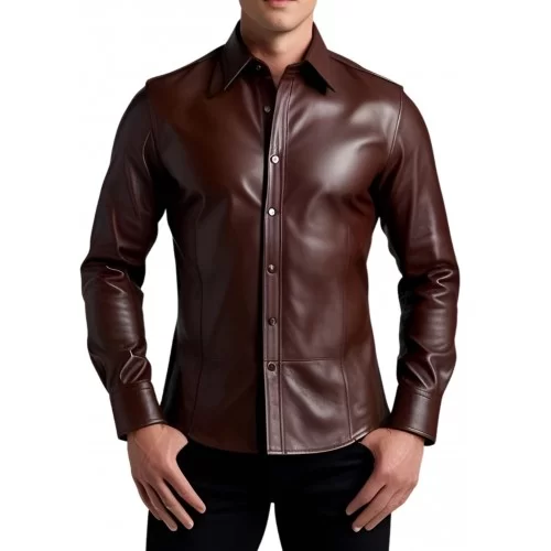 Chemise homme agneau cuir stretch marron modèle Felix