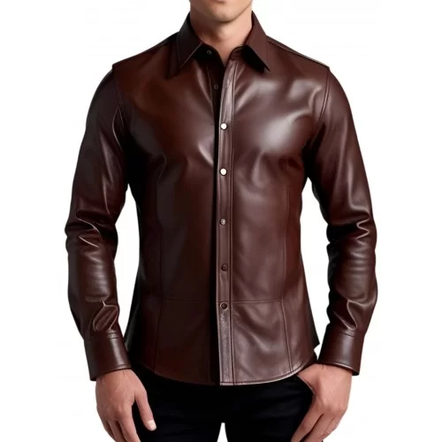 Chemise homme agneau cuir stretch marron modèle Felix