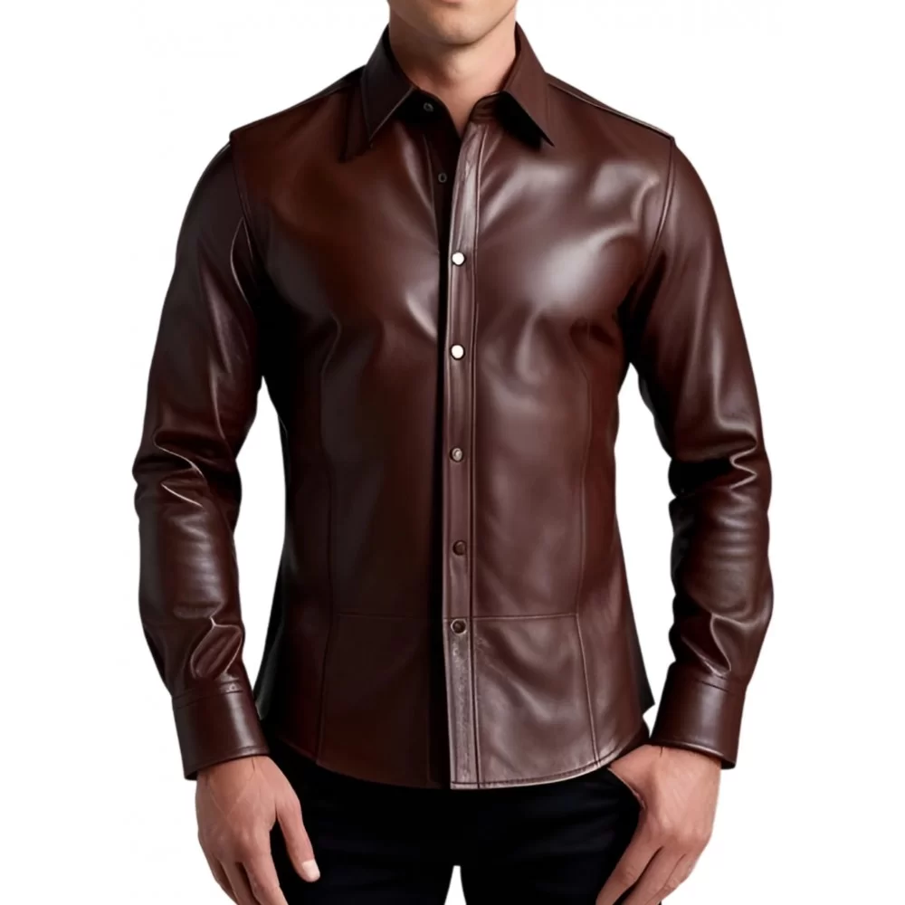 Chemise homme agneau cuir stretch marron modèle Felix