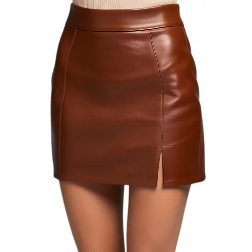 Jupe cuir courte en agneau marron modèle Ornela