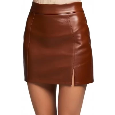 Jupe courte en cuir d'agneau marron avec fente sur l'avant modèle Ornela