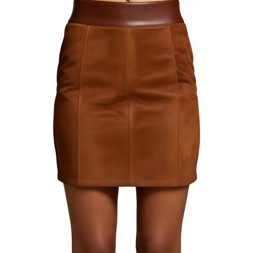 Jupe courte en agneau velours marron et ceinture en cuir marron modèle Pivoine