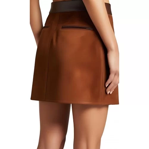 Jupe courte en agneau velours marron et ceinture en cuir marron modèle Prado