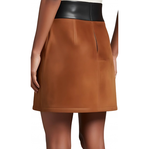 Jupe courte en agneau velours marron et ceinture en cuir noir modèle Falila