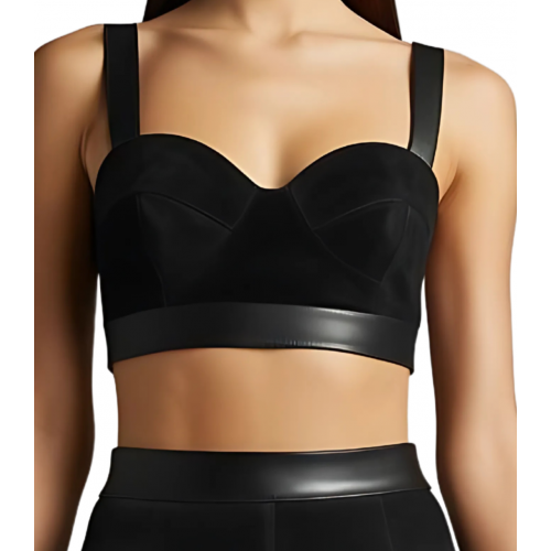 Soutien gorge bustier en cuir d'agneau velours et cuir noir fermeture zip à l'arrière modèle Baïla