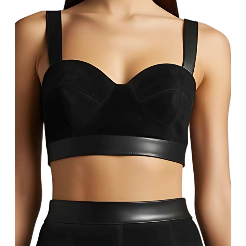 Soutien gorge bustier en cuir d'agneau velours et cuir noir fermeture zip à l'arrière modèle Baïla
