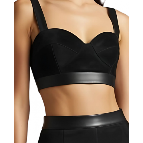 Soutien gorge bustier en cuir d'agneau velours et cuir noir fermeture zip à l'arrière modèle Baïla