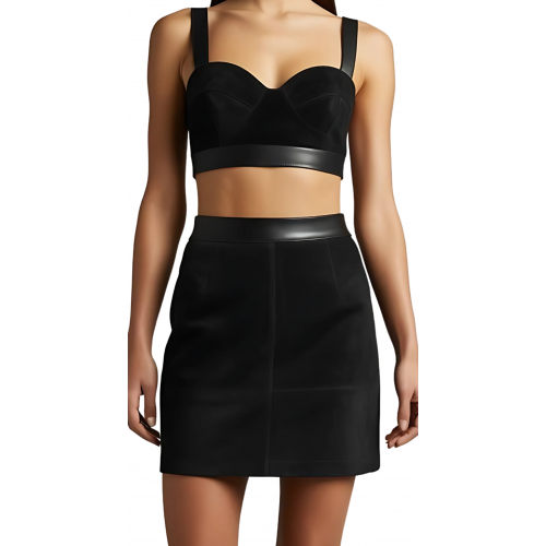 Soutien gorge bustier en cuir d'agneau velours et cuir noir fermeture zip à l'arrière modèle Baïla