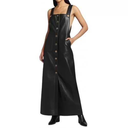 Robe longue avec pressions métal en cuir d'agneau agneau noir modèle Chimène
