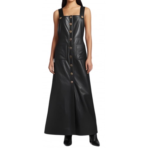 Robe longue avec pressions métal en cuir d'agneau agneau noir modèle Chimène