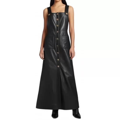 Robe longue avec pressions métal en cuir d'agneau agneau noir modèle Chimène