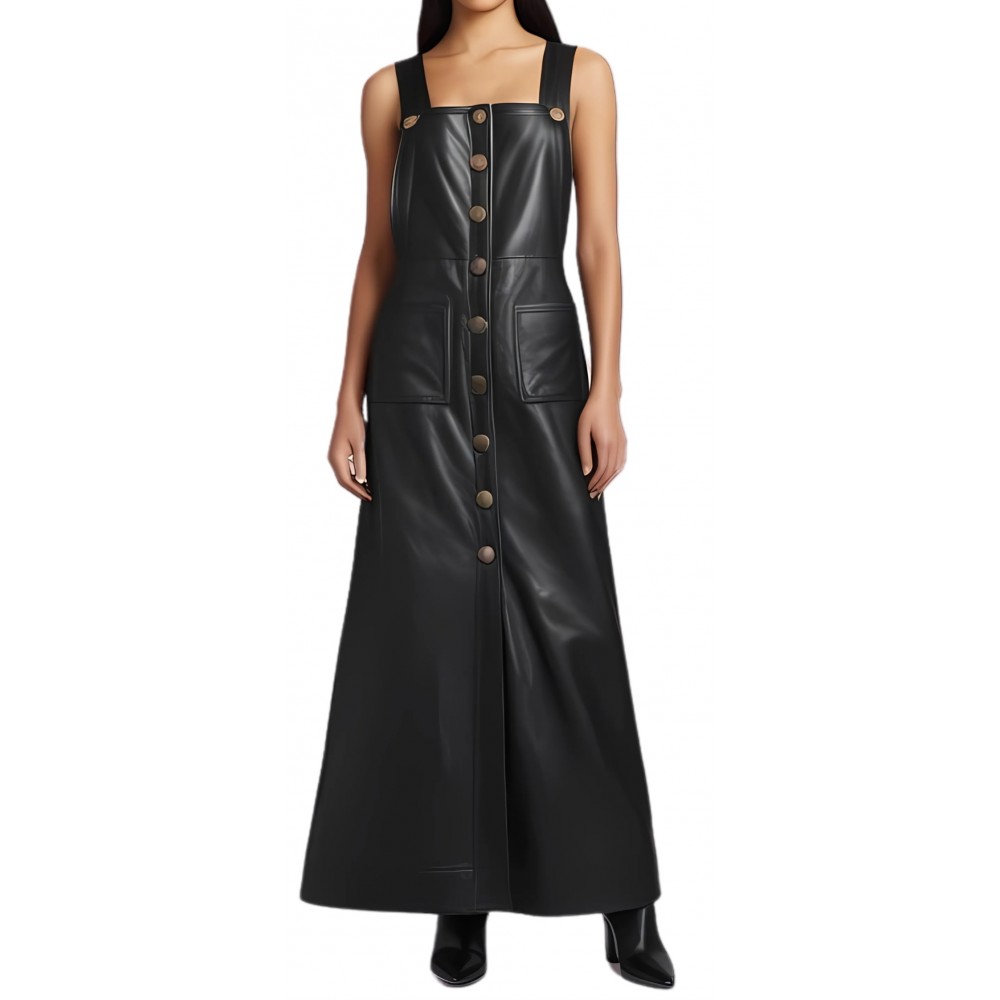 Robe longue avec pressions métal en cuir d'agneau agneau noir modèle Chimène