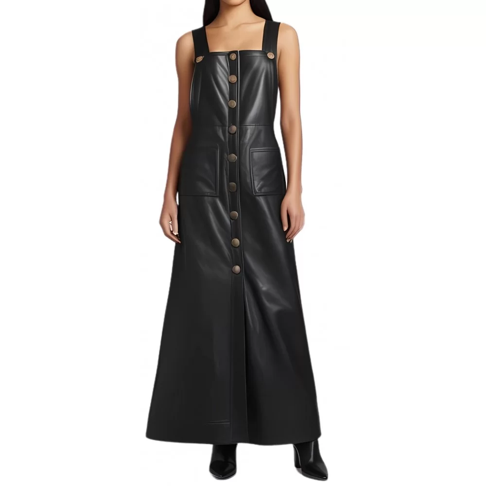 Robe longue avec pressions métal en cuir d'agneau agneau noir modèle Chimène